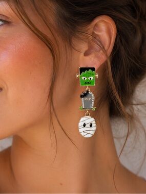 Green Frankenstein & Mummy Dangle Earrings - Halloween Jewelry